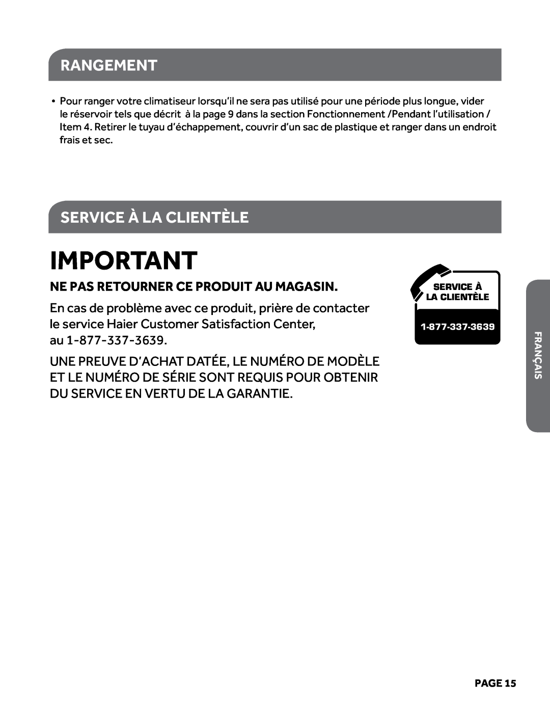 Haier HPY08XCM manual Rangement, Service À La Clientèle, Ne Pas Retourner Ce Produit Au Magasin, Page 