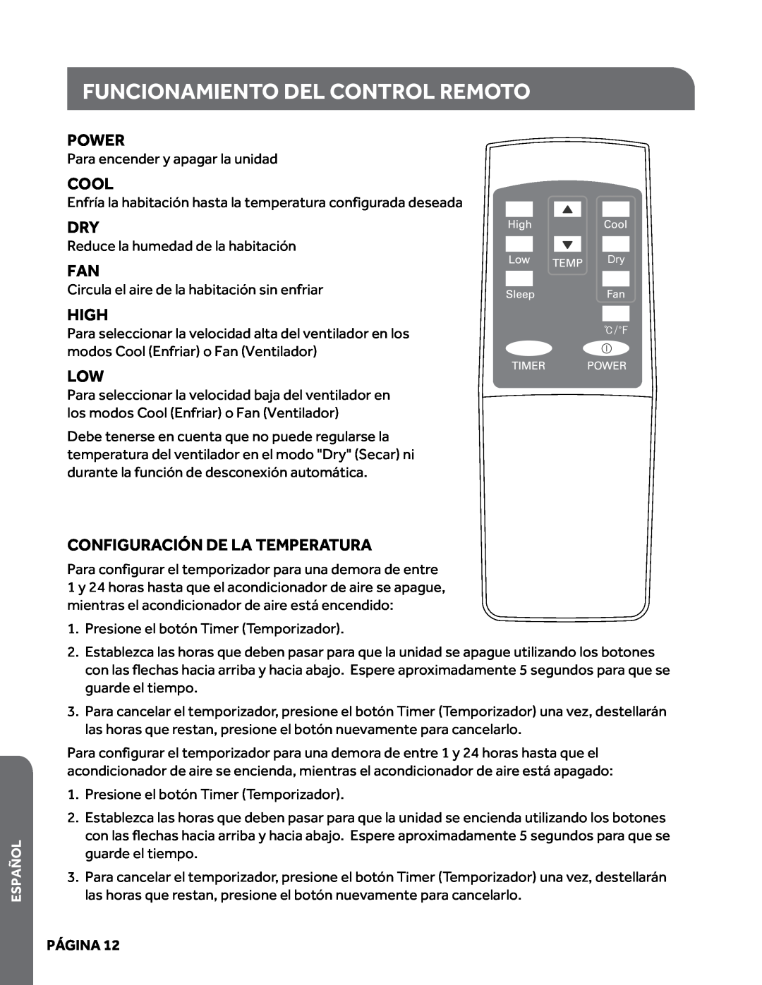 Haier HPY08XCM manual Funcionamiento del control remoto, Power, Cool, High, Configuración de la temperatura, Página 