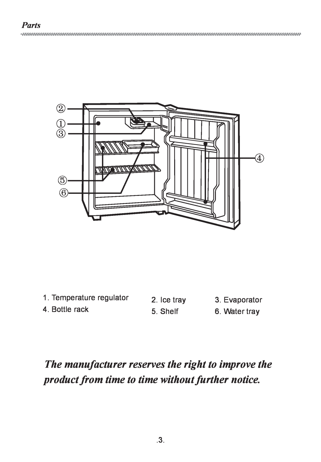 Haier HR-126-1, HR-126-2 manual Parts, Temperature regulator, Ice tray, Evaporator, Bottle rack, Shelf, Water tray 