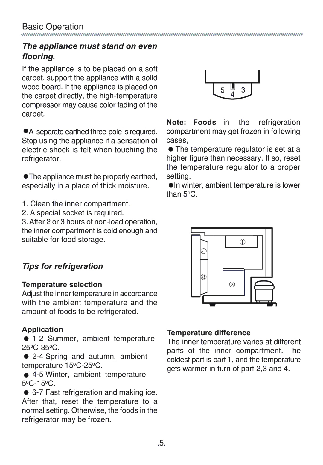 Haier HR-126 manual Basic Operation, Appliance must stand on even flooring, Tips for refrigeration 