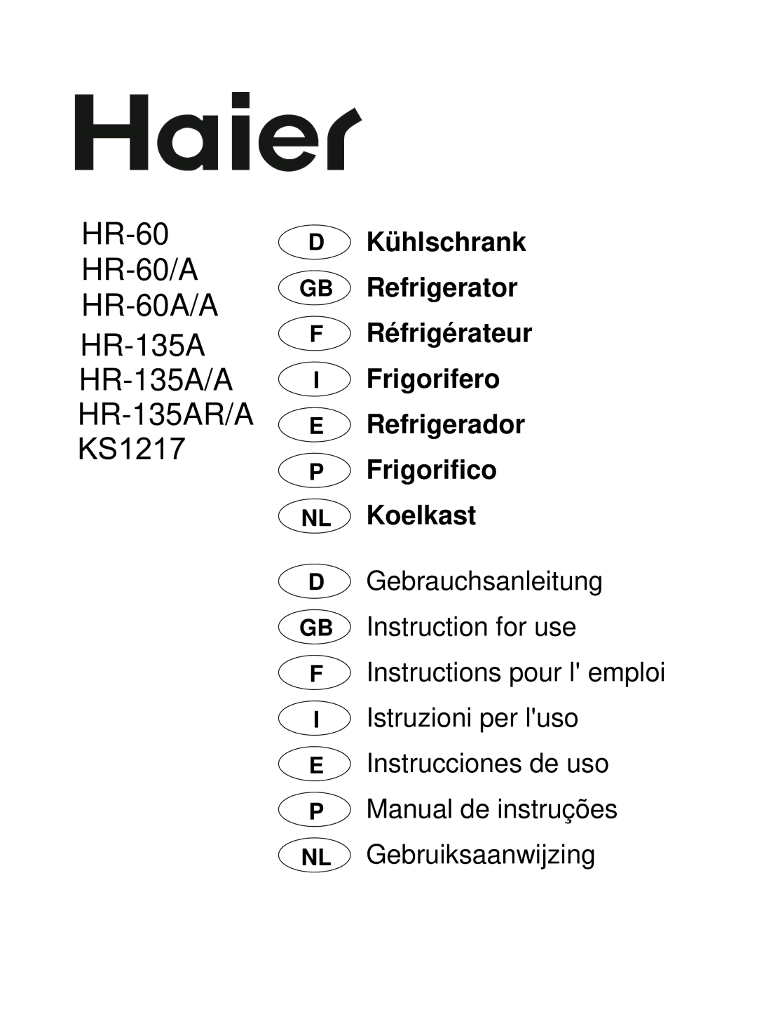 Haier manual HR-60 HR-60/A HR-60A/A HR-135A HR-135A/A HR-135AR/A KS1217 