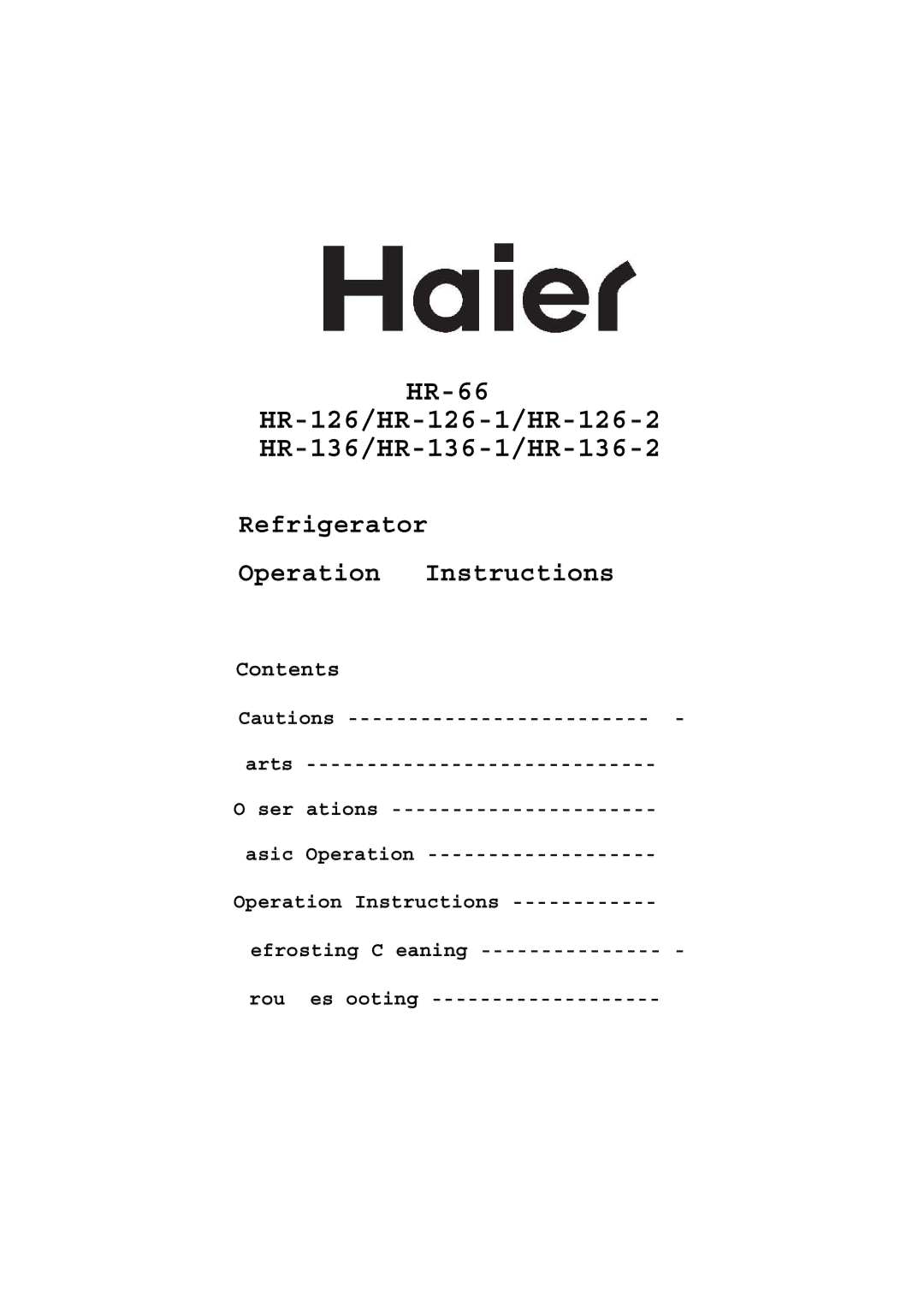 Haier manual HR-66 HR-126/HR-126-1/HR-126-2 HR-136/HR-136-1/HR-136-2 