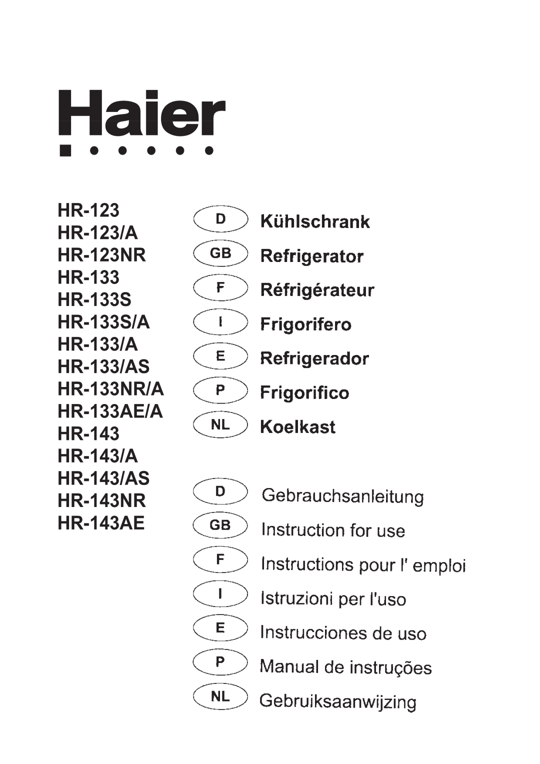 Haier HR-143NR, HR-143/AS, HR-133/AS, HR-133S/A, HR-143AE, HR-133NR/A, HR-133AE/A, HR-123NR, HR-123/A manual 