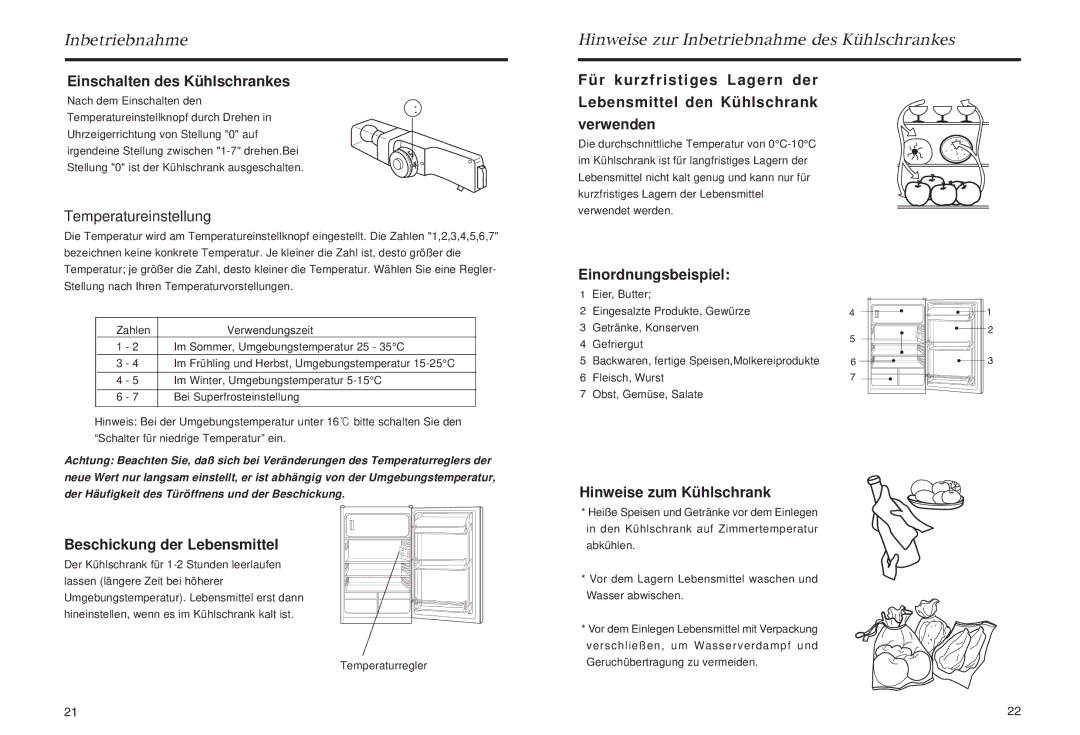 Haier HR-245 Einschalten des Kühlschrankes, Einordnungsbeispiel, Beschickung der Lebensmittel, Hinweise zum Kühlschrank 