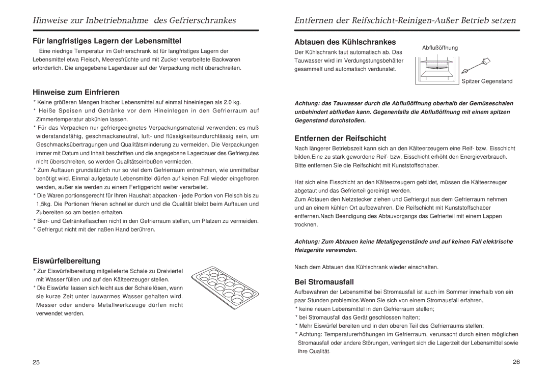 Haier HR-245, HR-145 manual Für langfristiges Lagern der Lebensmittel, Hinweise zum Einfrieren Abtauen des Kühlschrankes 