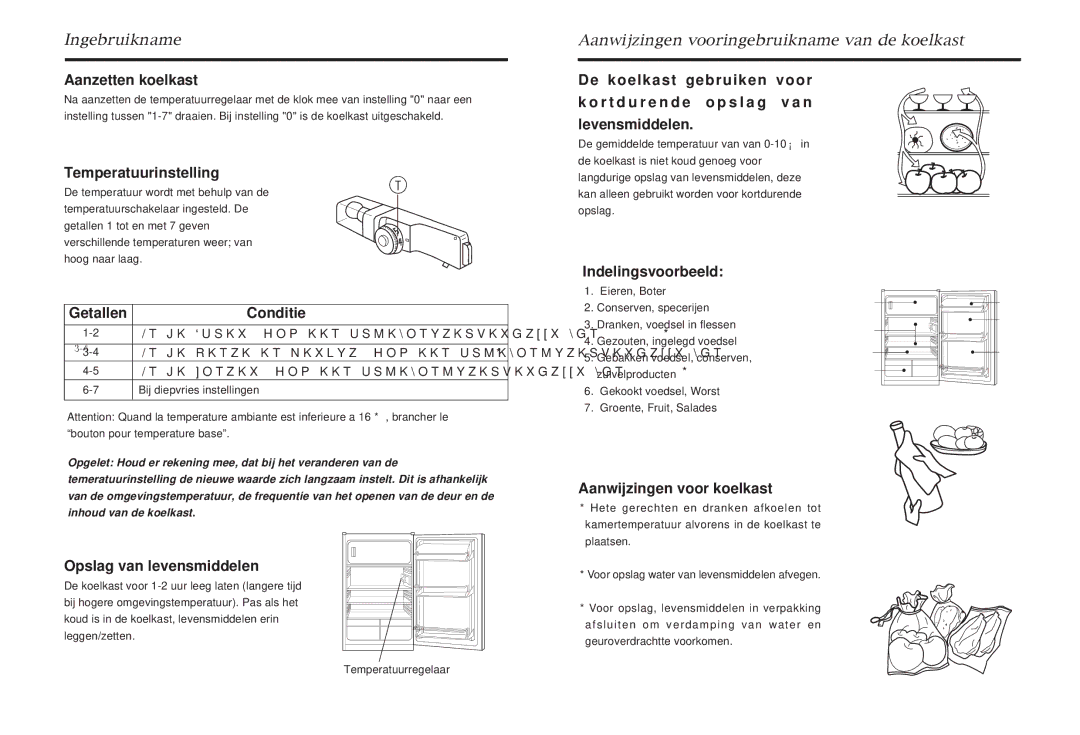 Haier HR-245 Aanzetten koelkast, Temperatuurinstelling, Getallen Conditie, Indelingsvoorbeeld, Opslag van levensmiddelen 