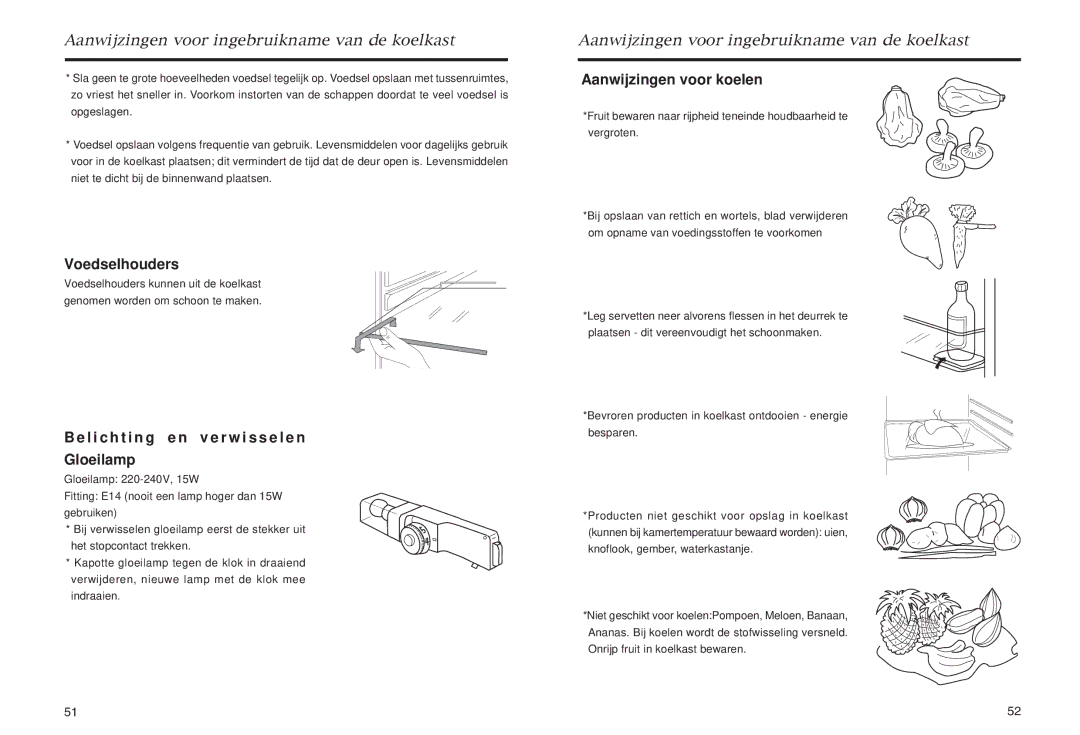 Haier HR-145, HR-245 manual Voedselhouders, L i c h t i n g e n v e r w i s s e l e n Gloeilamp, Aanwijzingen voor koelen 