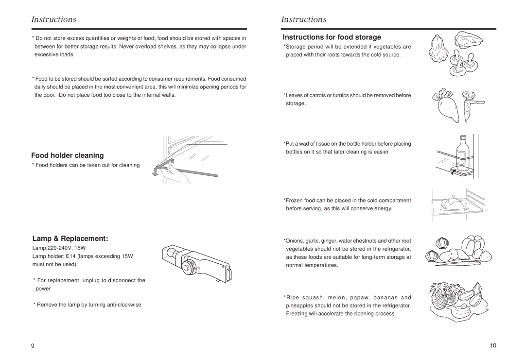 Haier HR-245, HR-145 manual Food holder cleaning, Lamp & Replacement, Instructions for food storage 