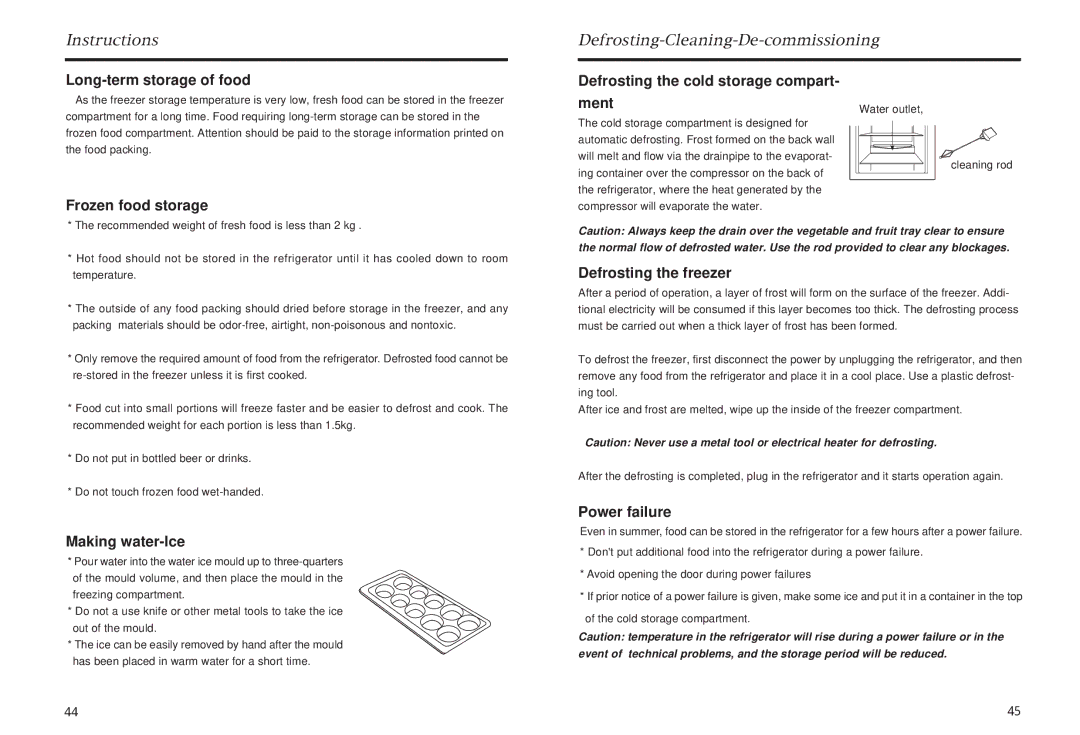 Haier HR-145 Long-term storage of food, Frozen food storage, Ment, Making water-Ice, Defrosting the freezer, Power failure 