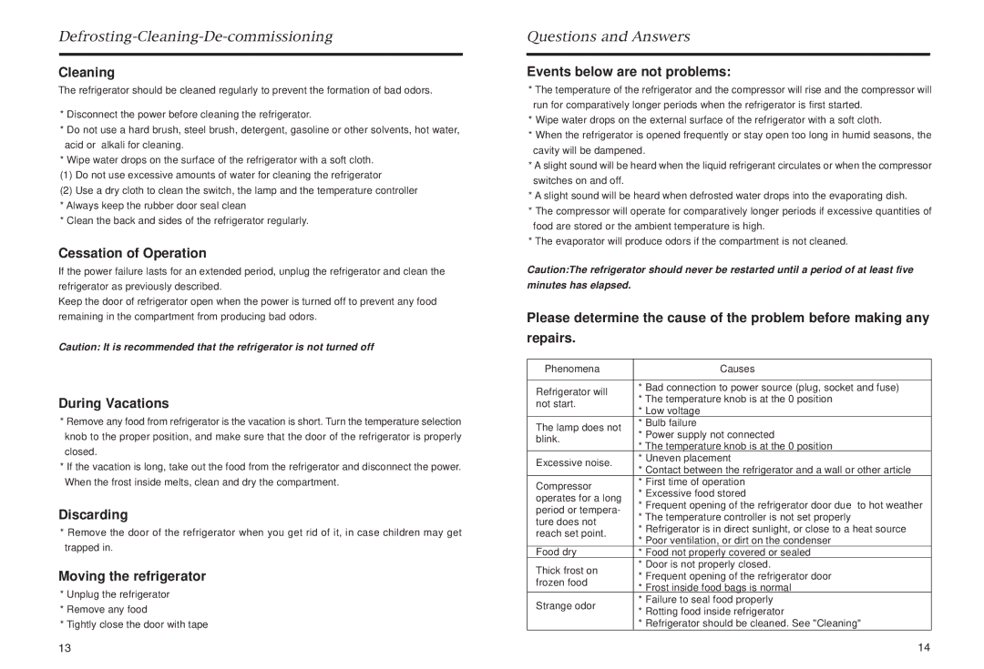 Haier HR-245, HR-145 manual Cleaning, Cessation of Operation, During Vacations, Discarding, Moving the refrigerator 