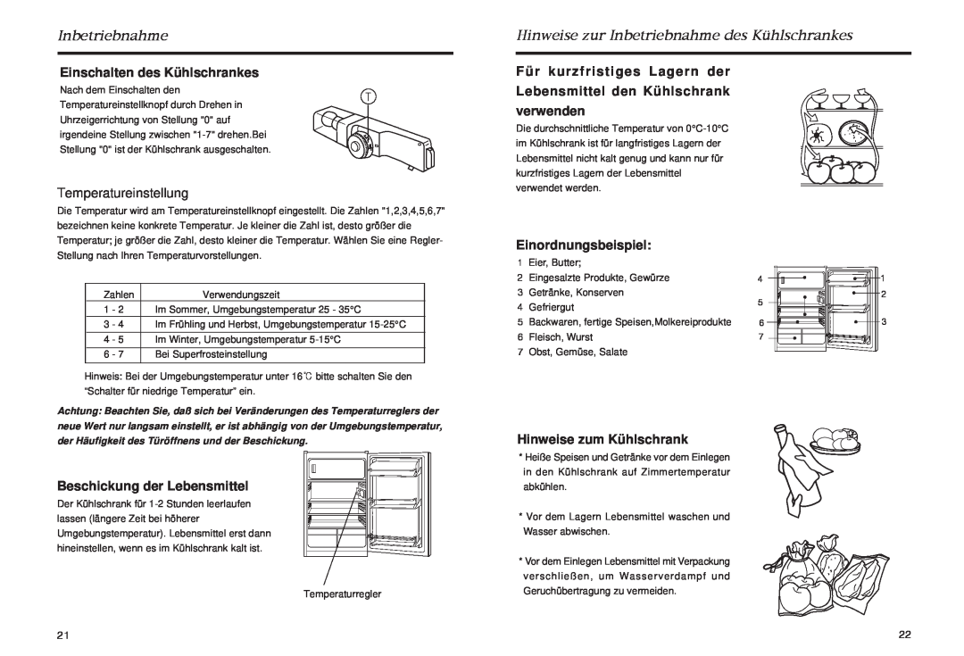 Haier HR-245, HR-145 manual Inbetriebnahme, Einschalten des Kühlschrankes, Temperatureinstellung, Einordnungsbeispiel 