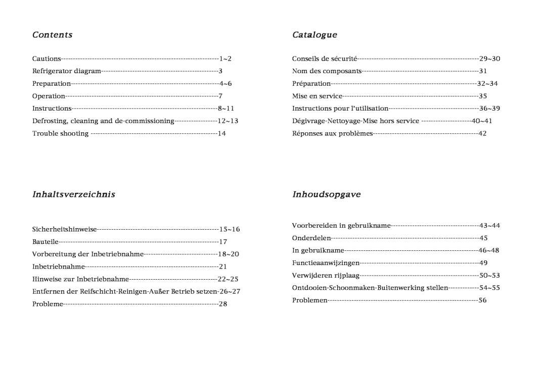 Haier HR-145, HR-245 manual Contents, Catalogue, Inhaltsverzeichnis, Inhoudsopgave 