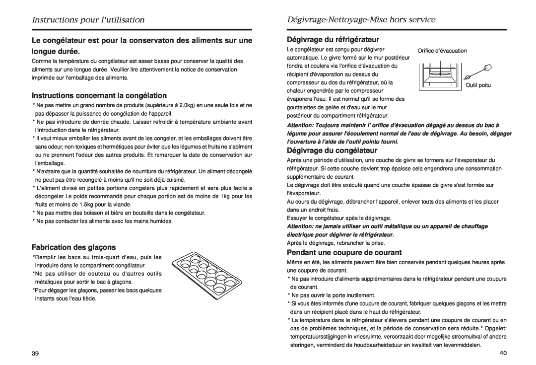 Haier HR-145 Instructions pour lutilisation, Dégivrage-Nettoyage-Misehors service, Instructions concernant la congélation 