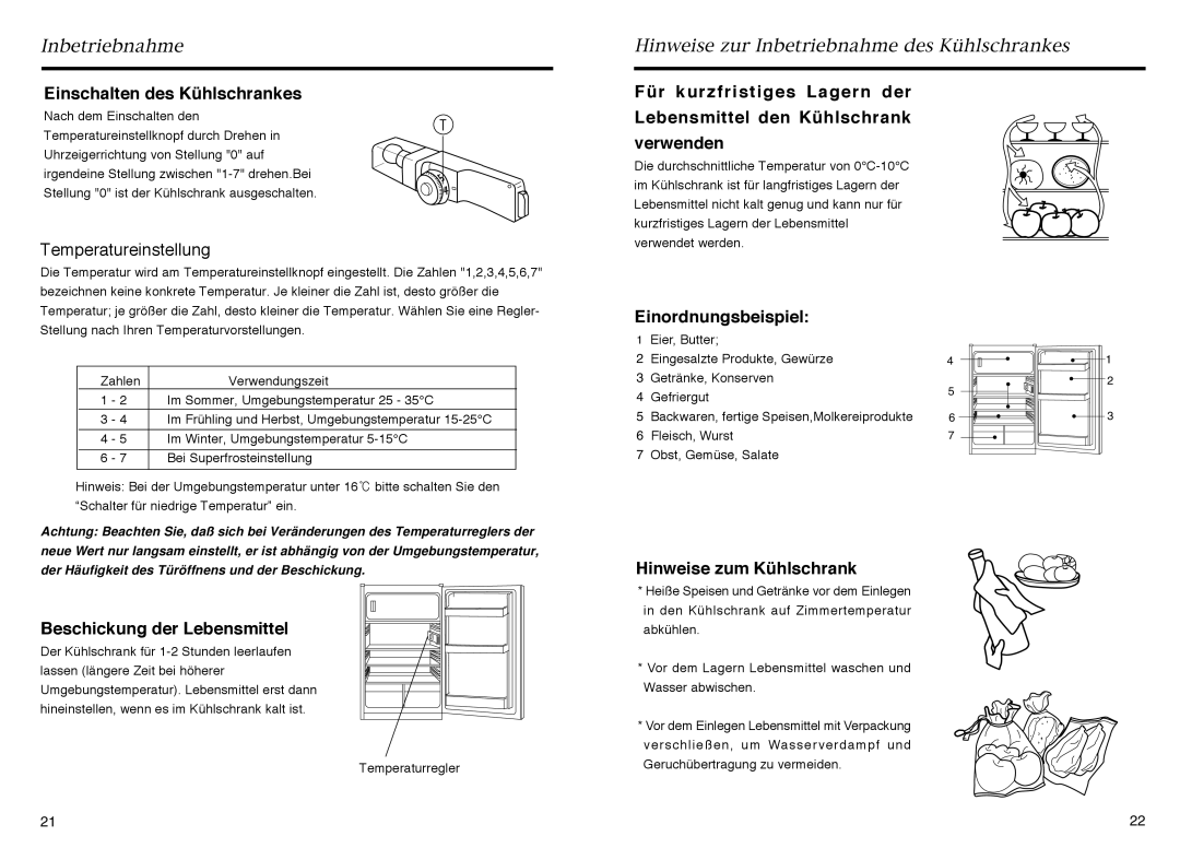 Haier HR-145A Einschalten des Kühlschrankes, Einordnungsbeispiel, Beschickung der Lebensmittel, Hinweise zum Kühlschrank 