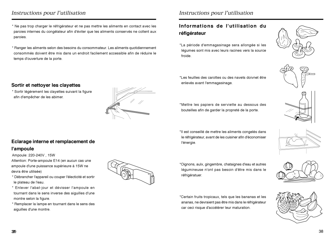 Haier HR-145A manual Sortir et nettoyer les clayettes, Eclarage interne et remplacement de lampoule 