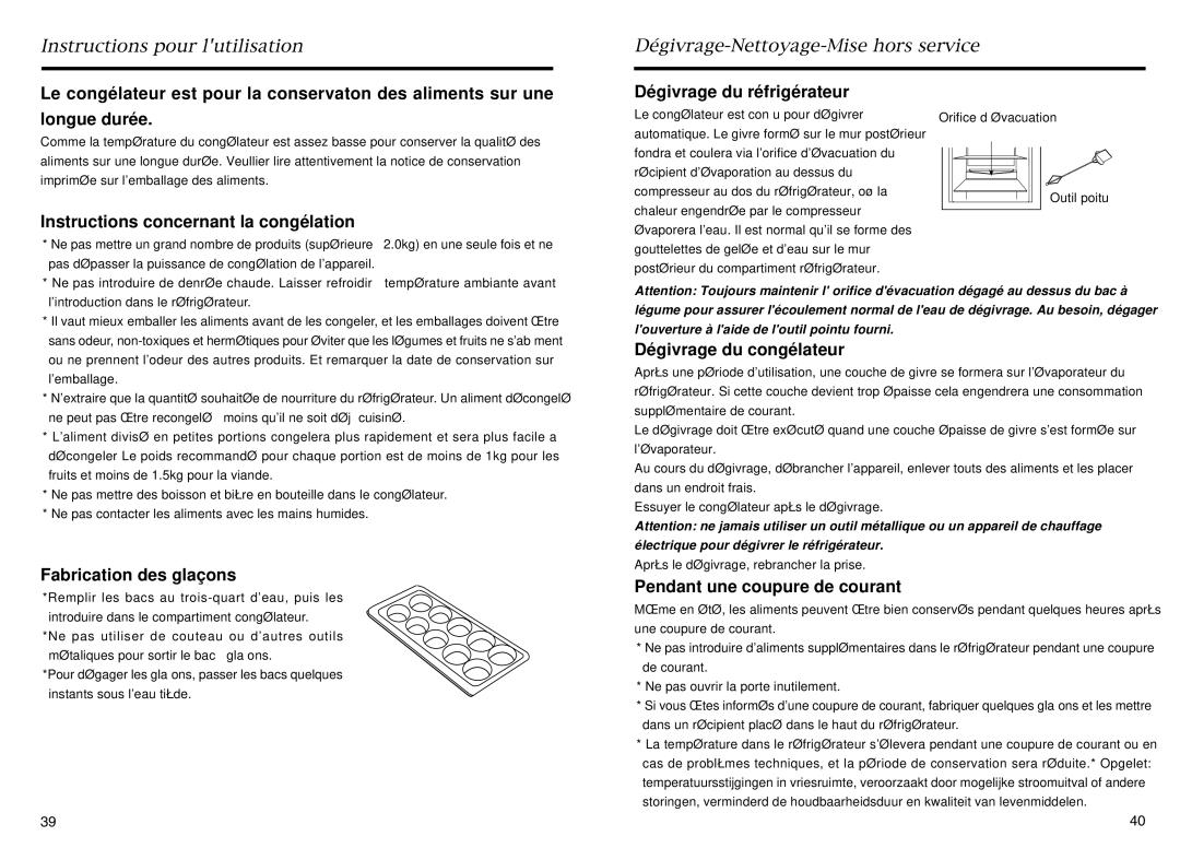 Haier HR-145A manual Instructions concernant la congélation, Dégivrage du réfrigérateur, Fabrication des glaçons 