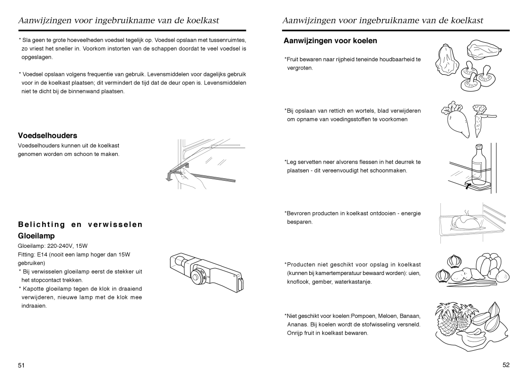 Haier HR-145A manual Voedselhouders, L i c h t i n g e n v e r w i s s e l e n Gloeilamp, Aanwijzingen voor koelen 