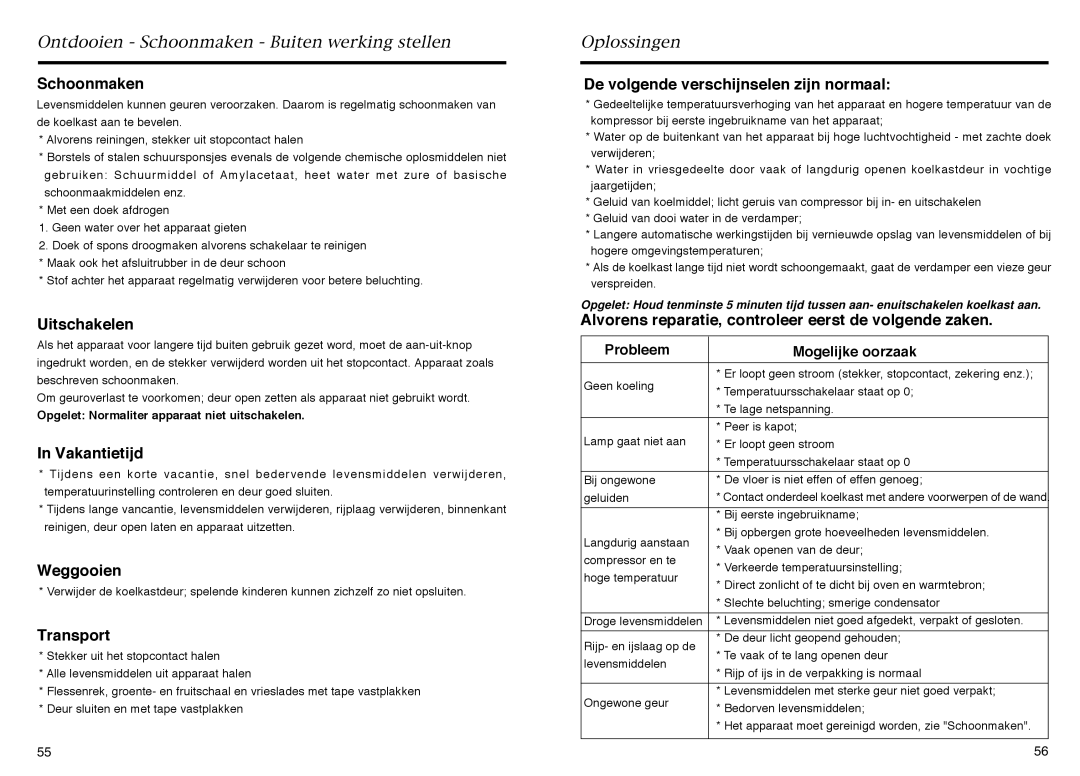 Haier HR-145A manual Schoonmaken, Uitschakelen, Vakantietijd, Weggooien, De volgende verschijnselen zijn normaal 