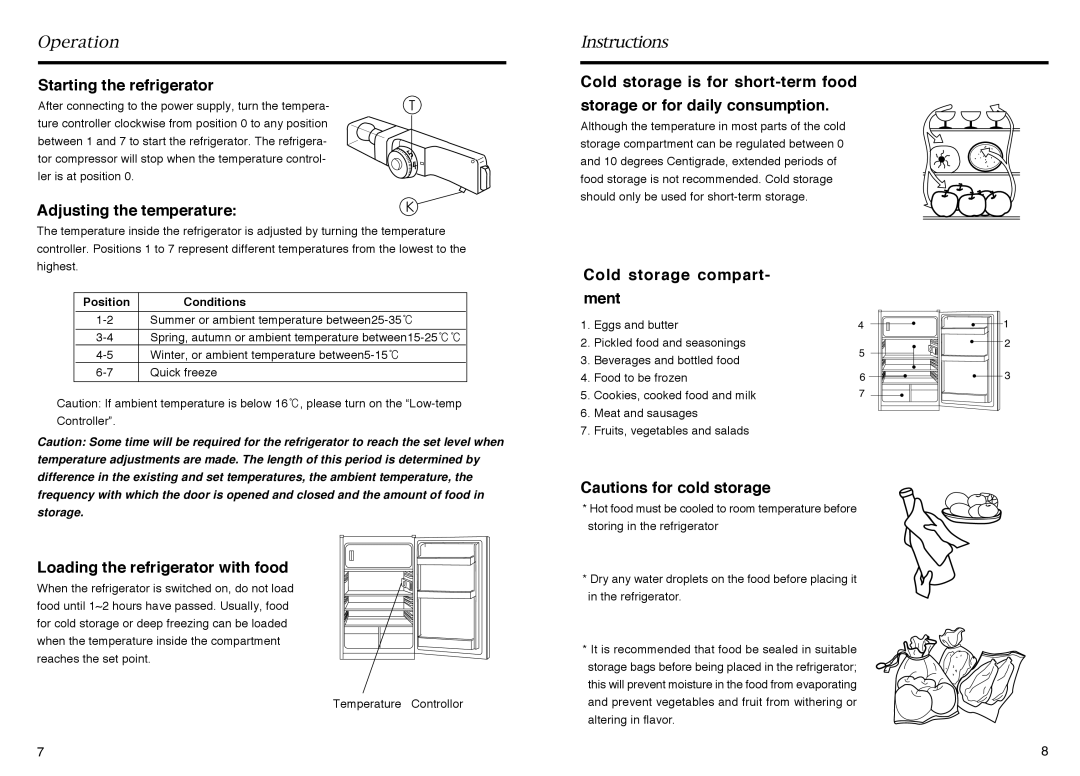 Haier HR-145A manual Starting the refrigerator, Adjusting the temperature, Cold storage compart- ment 