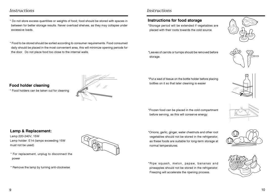 Haier HR-145A manual Food holder cleaning, Lamp & Replacement, Instructions for food storage 