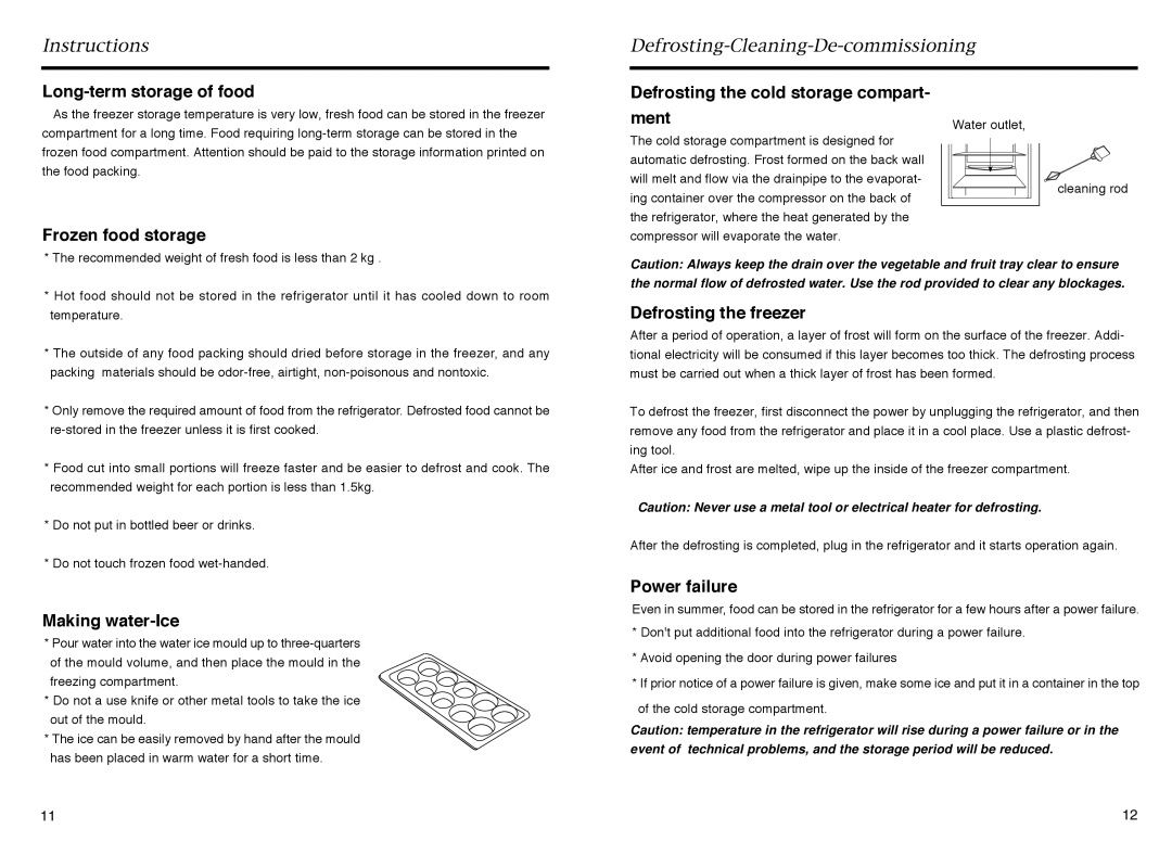 Haier HR-145A manual Long-term storage of food, Making water-Ice, Defrosting the freezer, Power failure 