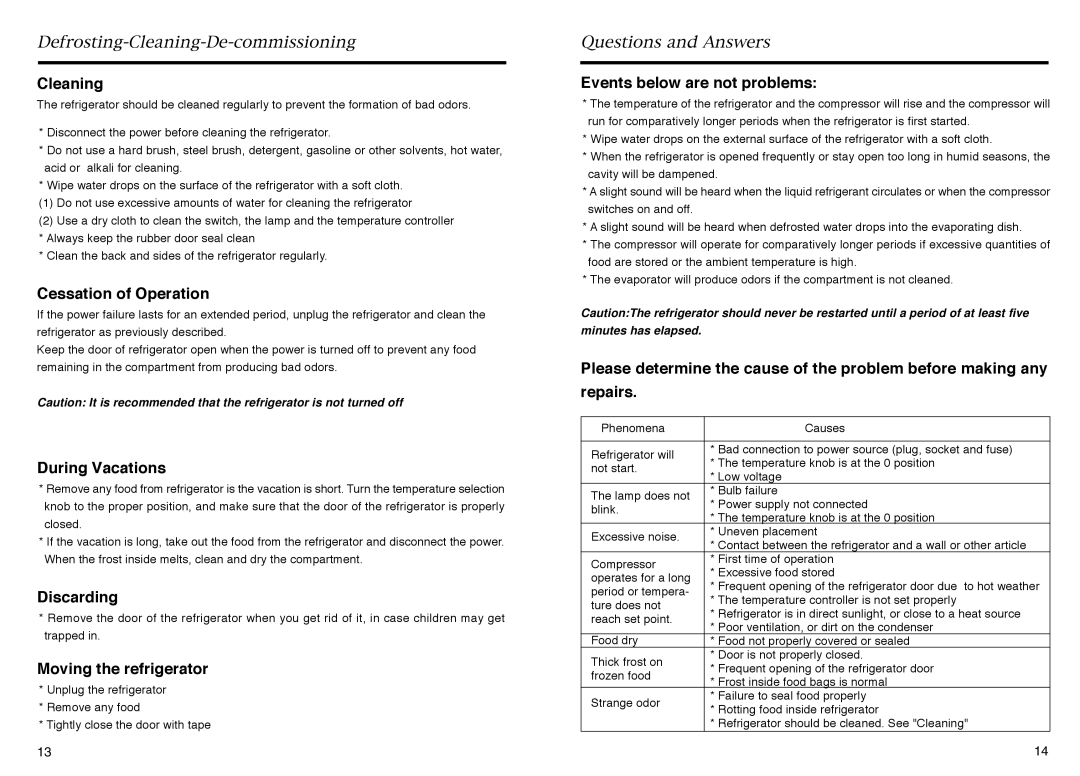 Haier HR-145A manual Cleaning, Cessation of Operation, During Vacations, Discarding, Moving the refrigerator 