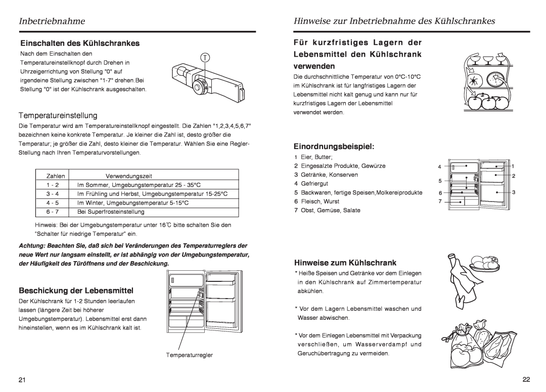 Haier HR-145A manual Inbetriebnahme, Einschalten des Kühlschrankes, Temperatureinstellung, Einordnungsbeispiel 