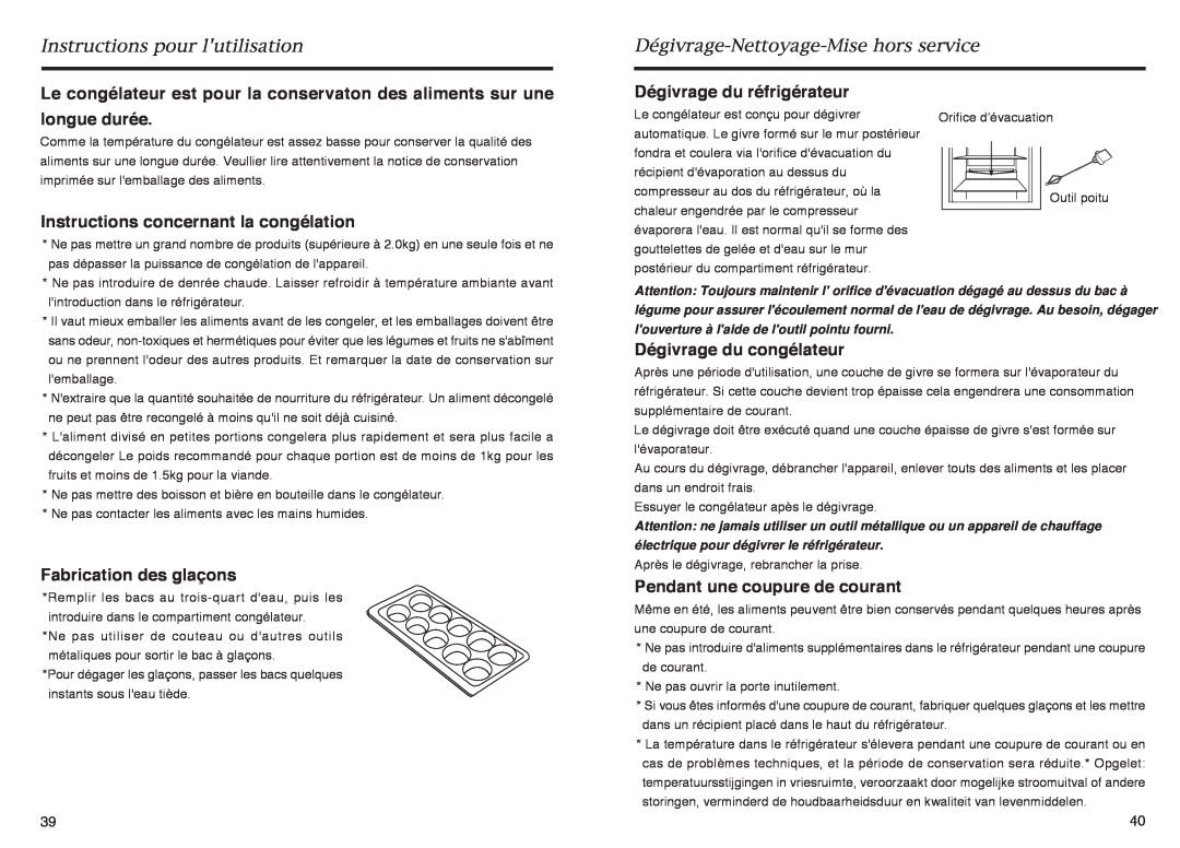 Haier HR-145A Dégivrage-Nettoyage-Mise hors service, Instructions concernant la congélation, Dégivrage du réfrigérateur 