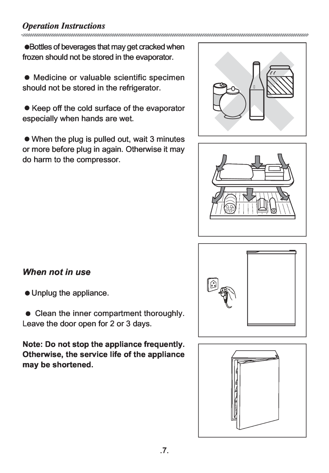 Haier HR-155S manual Operation Instructions, When not in use, Note Do not stop the appliance frequently 