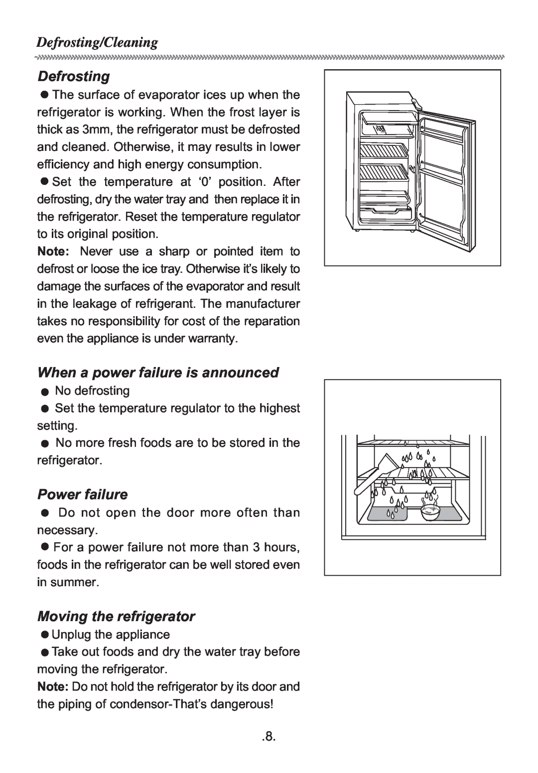 Haier HR-155S manual Defrosting/Cleaning, When a power failure is announced, Power failure, Moving the refrigerator 
