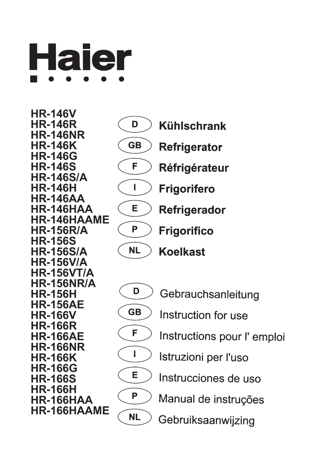 Haier HR-146V, HR-156R/A, HR-146R, HR-146S/A, HR-146AA, HR-146NR, HR-146K, HR-146G, HR-146HAAME, HR-156S, HR-156V/A manual 