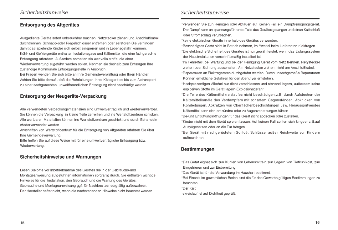 Haier HR-165 manual Sicherheitshinweise, Entsorgung des Altgerätes, Entsorgung der Neugeräte-Verpackung, Bestimmungen 