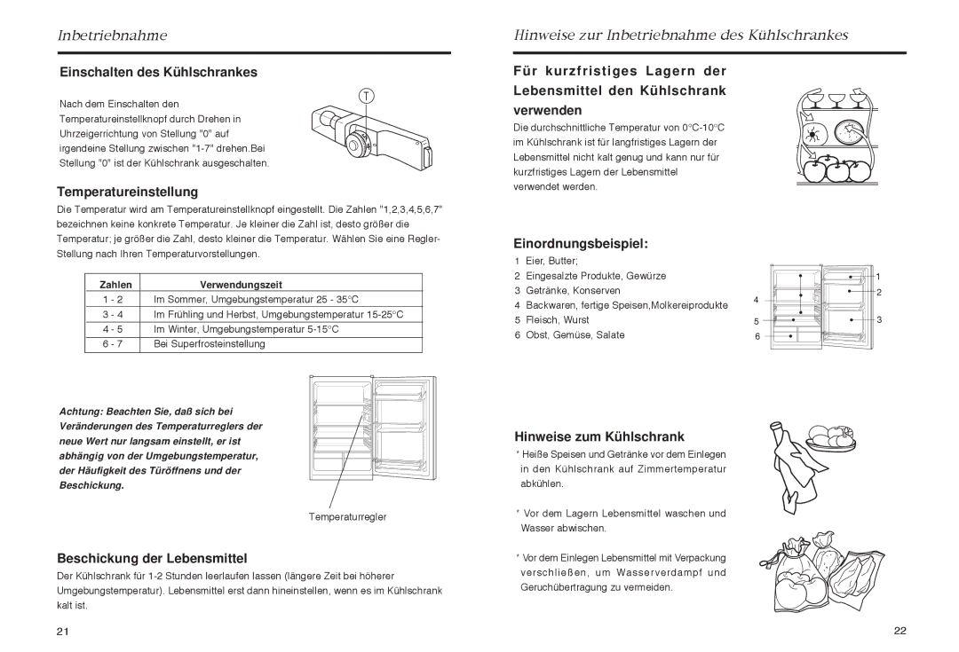 Haier HR-165 manual Einschalten des Kühlschrankes, Temperatureinstellung, Einordnungsbeispiel, Beschickung der Lebensmittel 