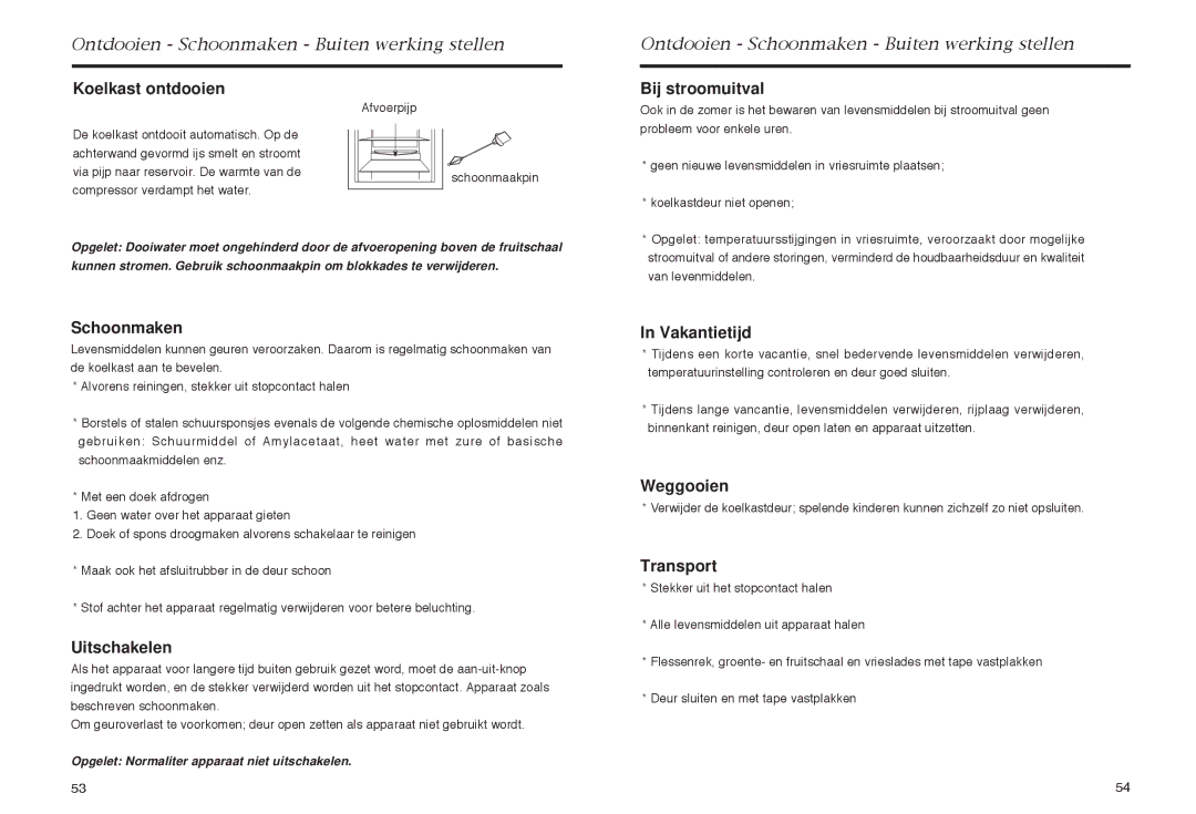 Haier HR-165 manual Koelkast ontdooien, Bij stroomuitval, Schoonmaken, Uitschakelen, Vakantietijd, Weggooien 