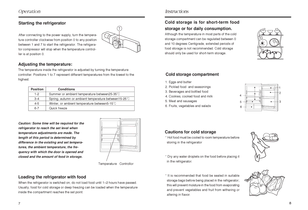 Haier HR-165 manual Starting the refrigerator, Adjusting the temperature, Cold storage compartment 