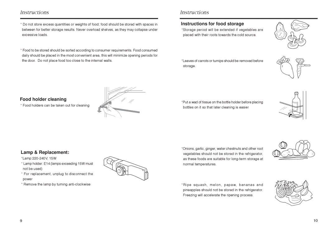 Haier HR-165 manual Food holder cleaning, Lamp & Replacement, Instructions for food storage 