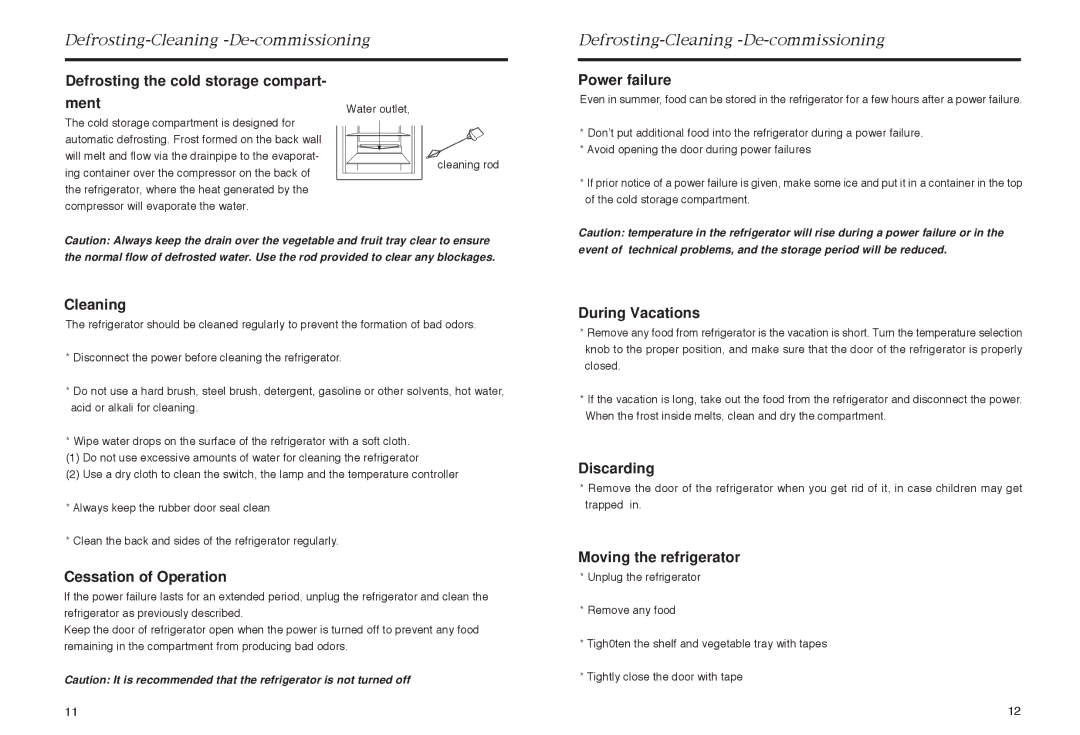 Haier HR-165 Ment, Power failure, Cleaning, Cessation of Operation, During Vacations, Discarding, Moving the refrigerator 