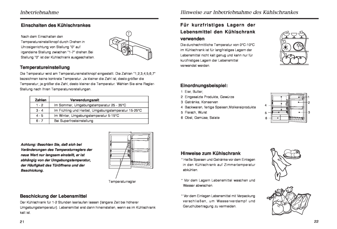 Haier HR-165 manual Einschalten des Kühlschrankes, Temperatureinstellung, Einordnungsbeispiel, Beschickung der Lebensmittel 