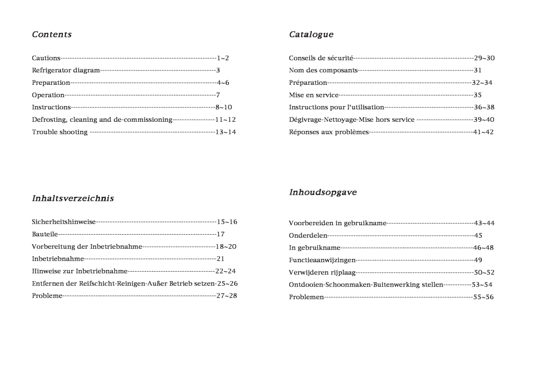 Haier HR-165 manual Contents, Catalogue, Inhaltsverzeichnis, Inhoudsopgave 