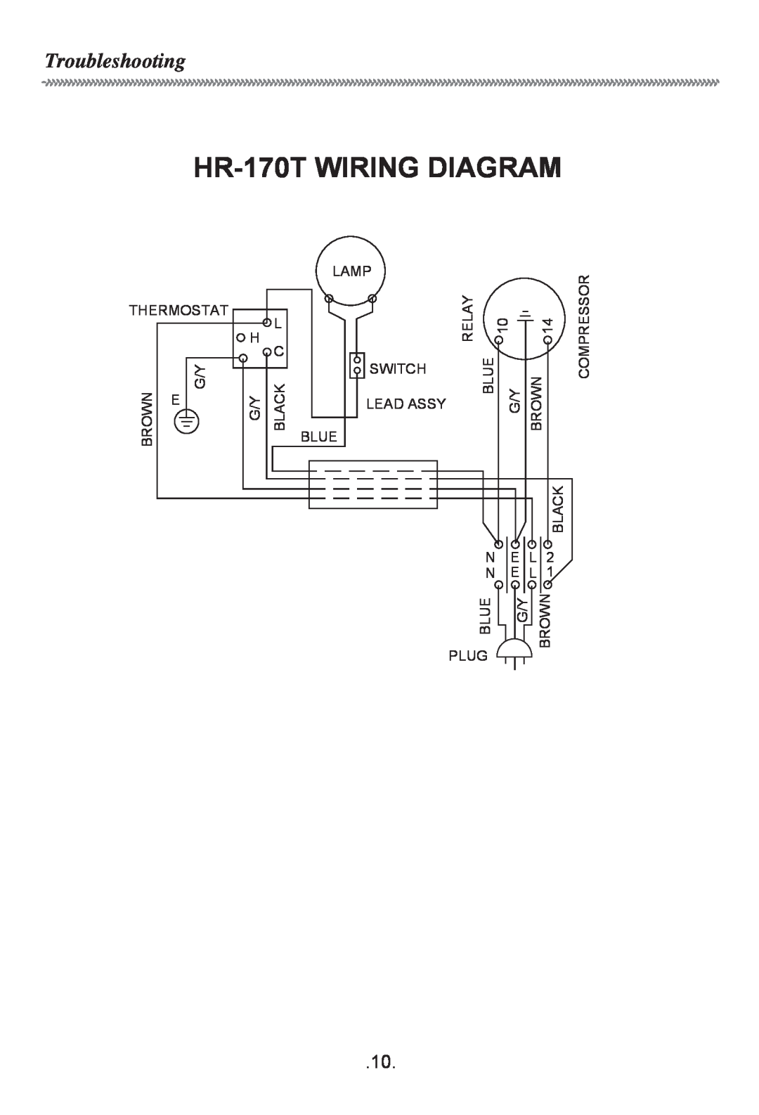 Haier HR-170T WIRING DIAGRAM, Troubleshooting, Thermostat G/Y, Lamp, Brown, Compressor, Relay Blue, Switch, Lead Assy 