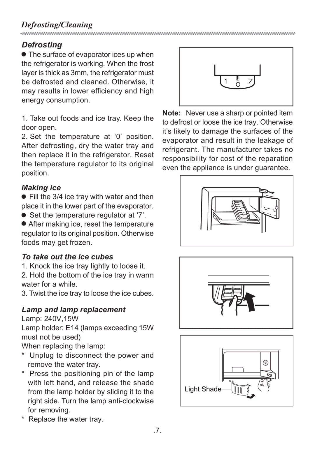 Haier HR-170U manual Defrosting/Cleaning, Making ice, To take out the ice cubes, Lamp and lamp replacement 