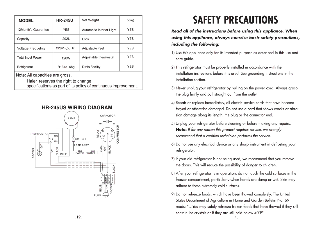 Haier HR-245U manual Safety Precautions 