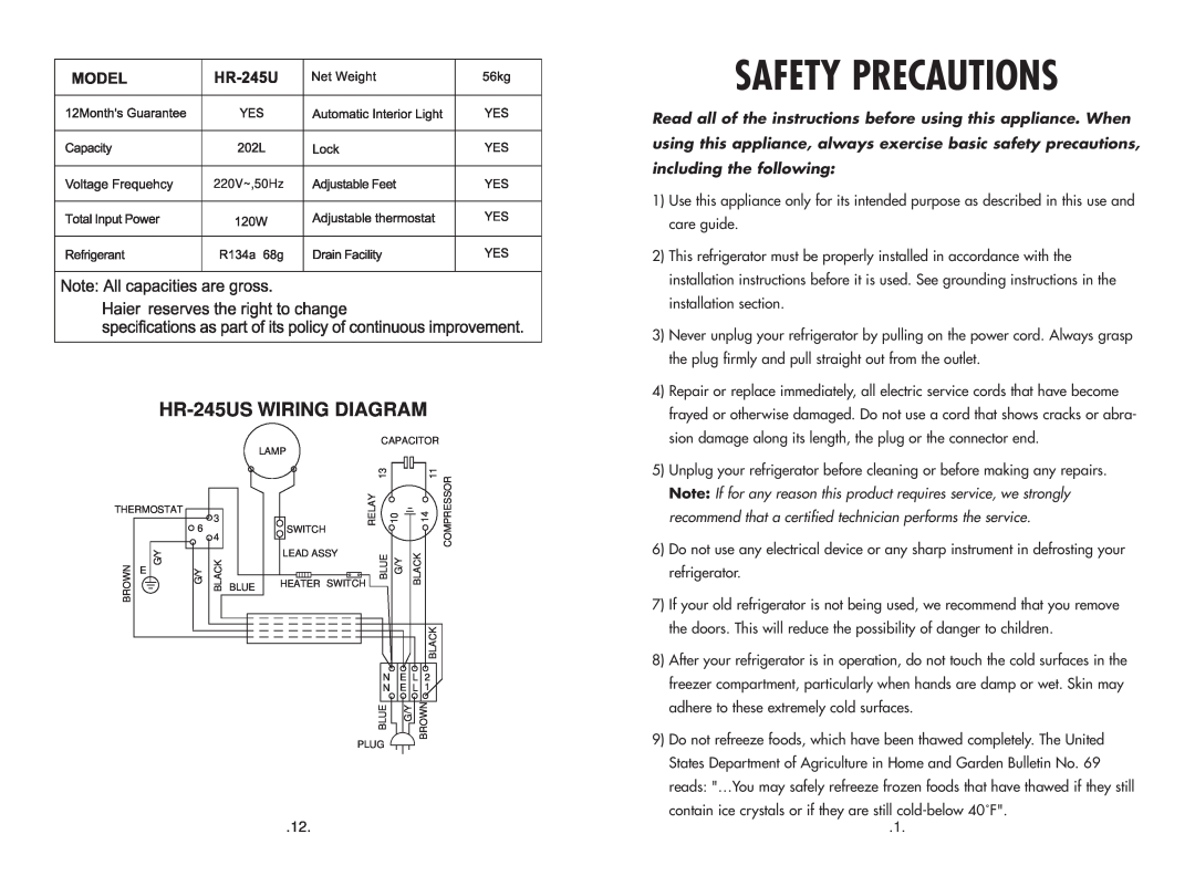 Haier manual Safety Precautions, HR-245US WIRING DIAGRAM 
