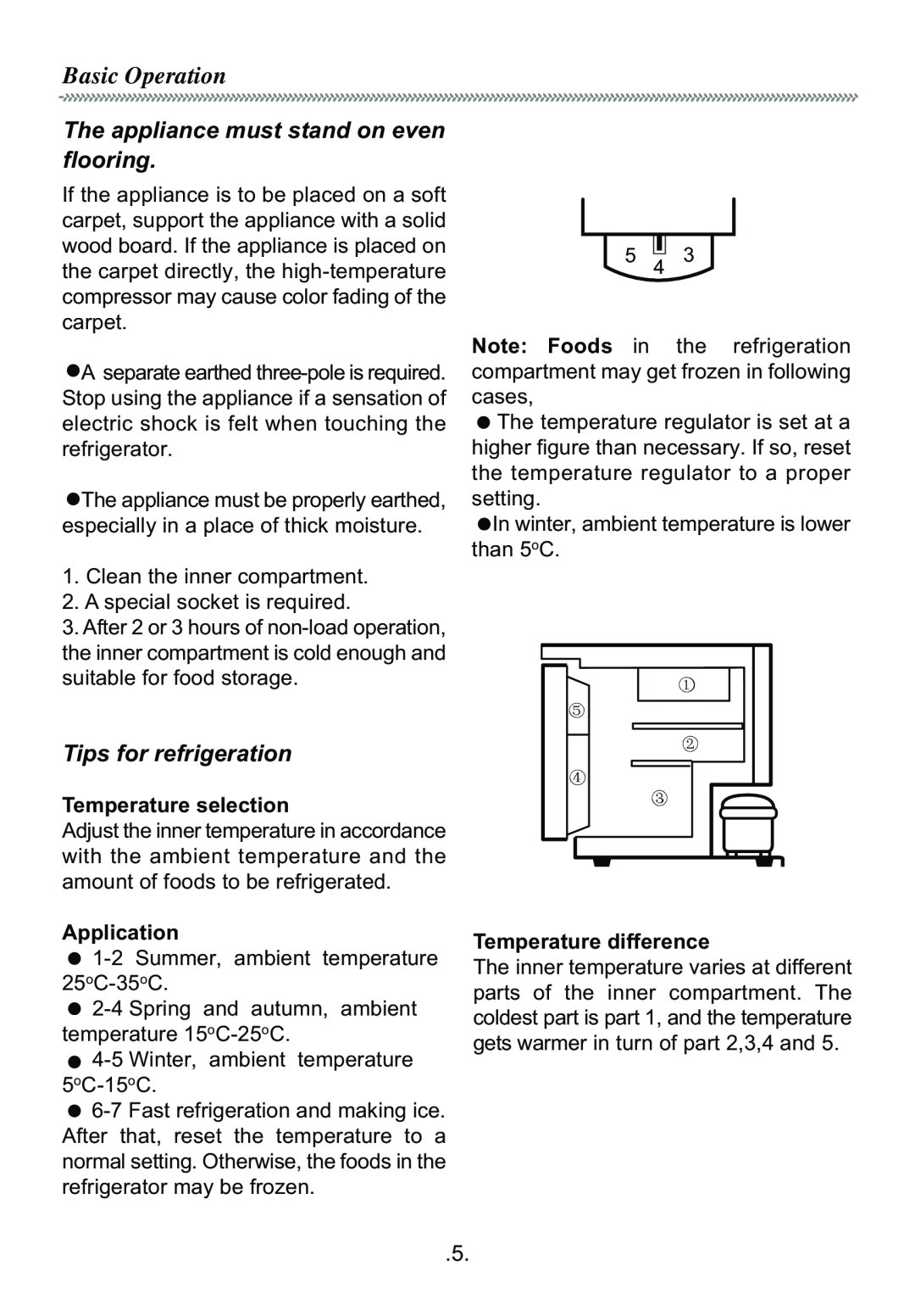 Haier HR-60 Basic Operation, The appliance must stand on even flooring, Tips for refrigeration, Temperature selection 