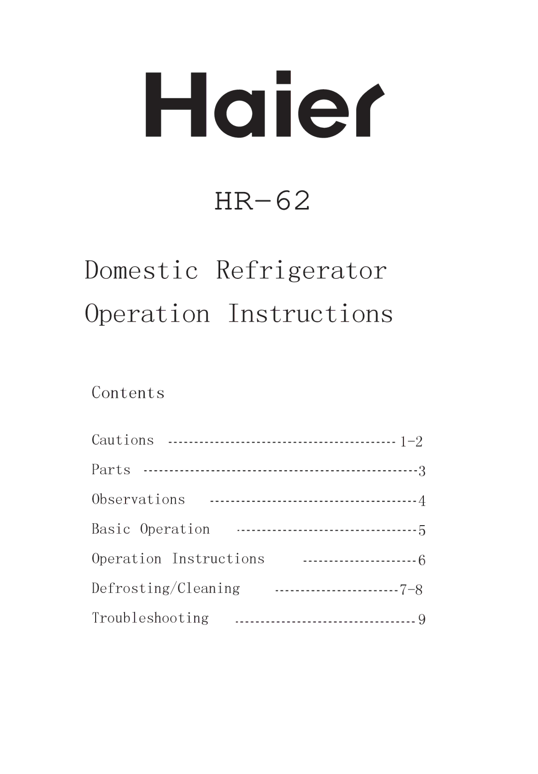 Haier HR-62 manual 