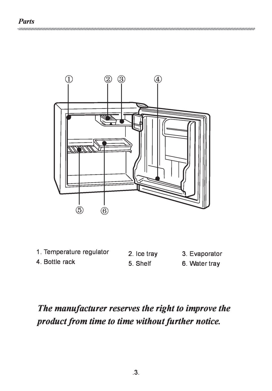 Haier HR-62 manual Parts, Temperature regulator, Ice tray, Evaporator, Bottle rack, Shelf, Water tray 