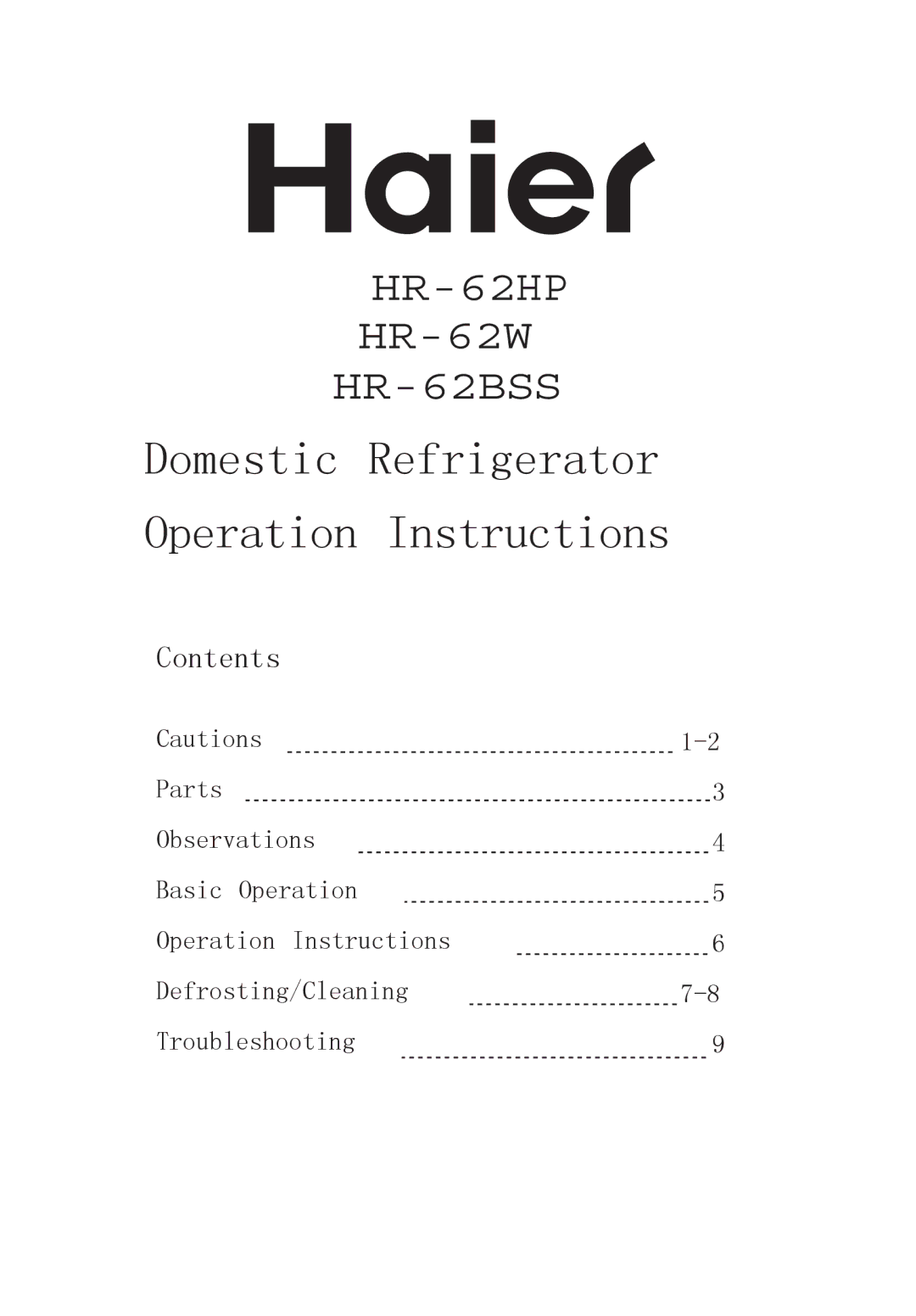 Haier HR-62BSS, HR-62W manual HR-62HP 