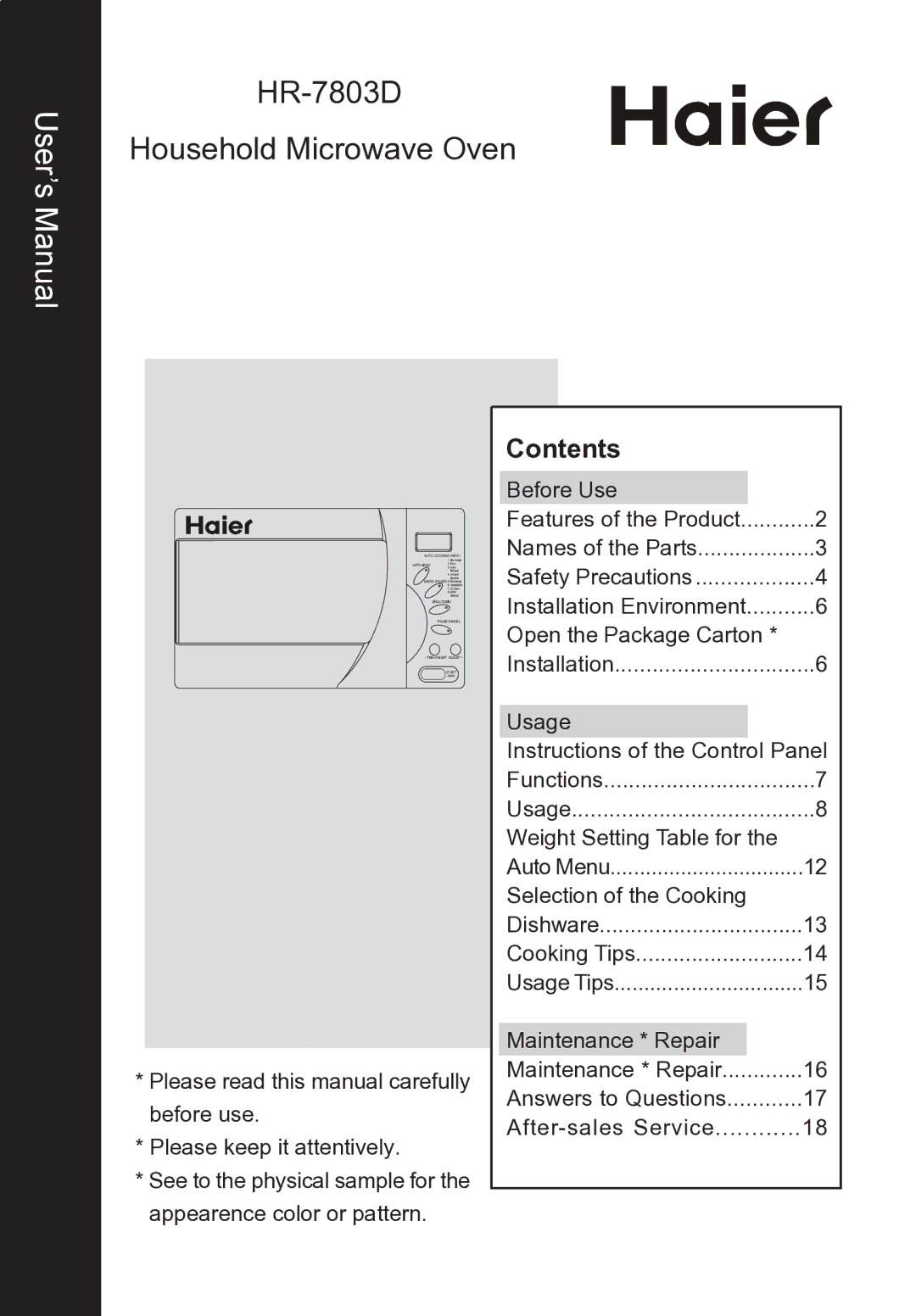 Haier HR-7803D user manual User’s Manual, Contents 