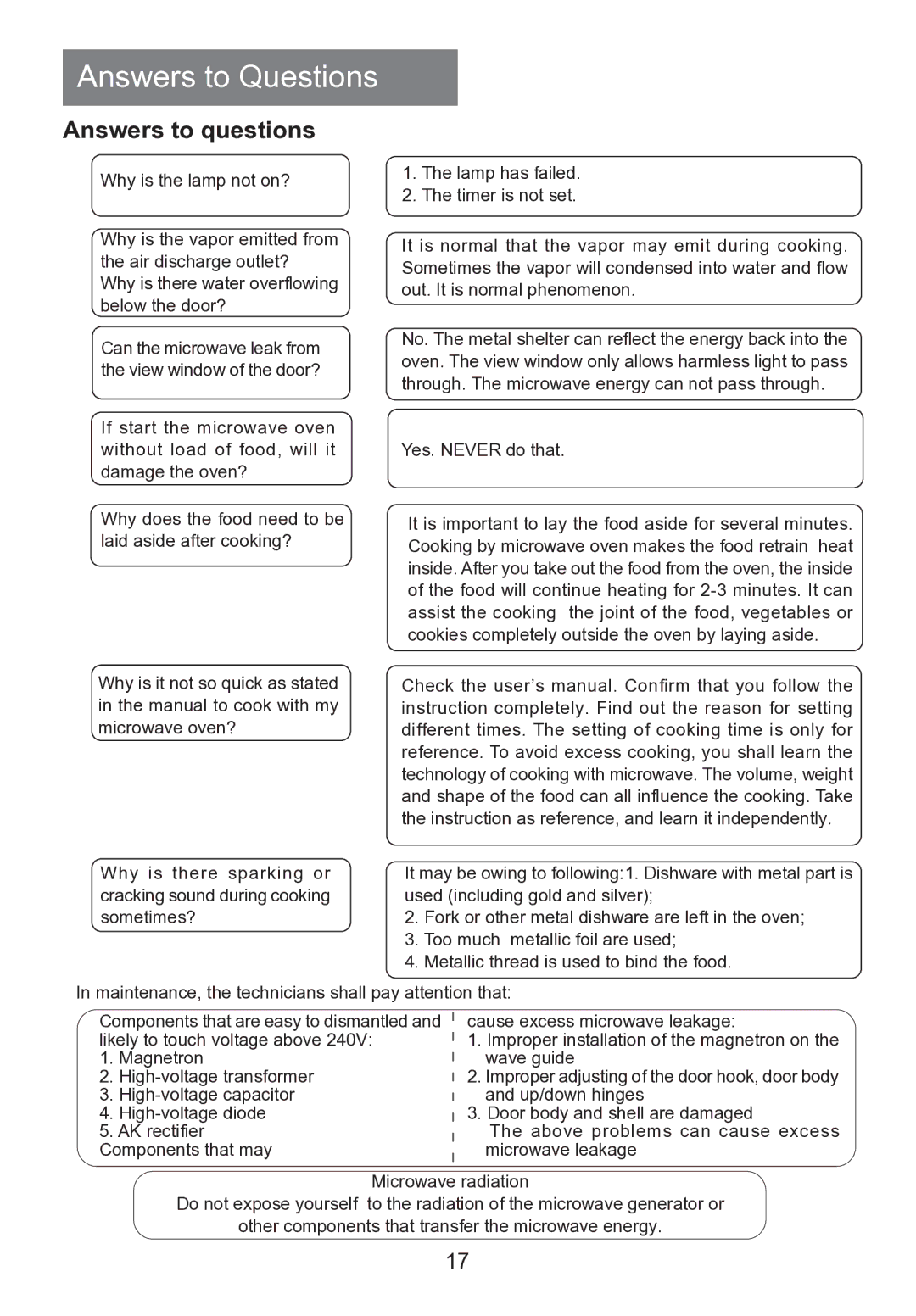 Haier HR-7803D user manual Answers to Questions, Answers to questions 