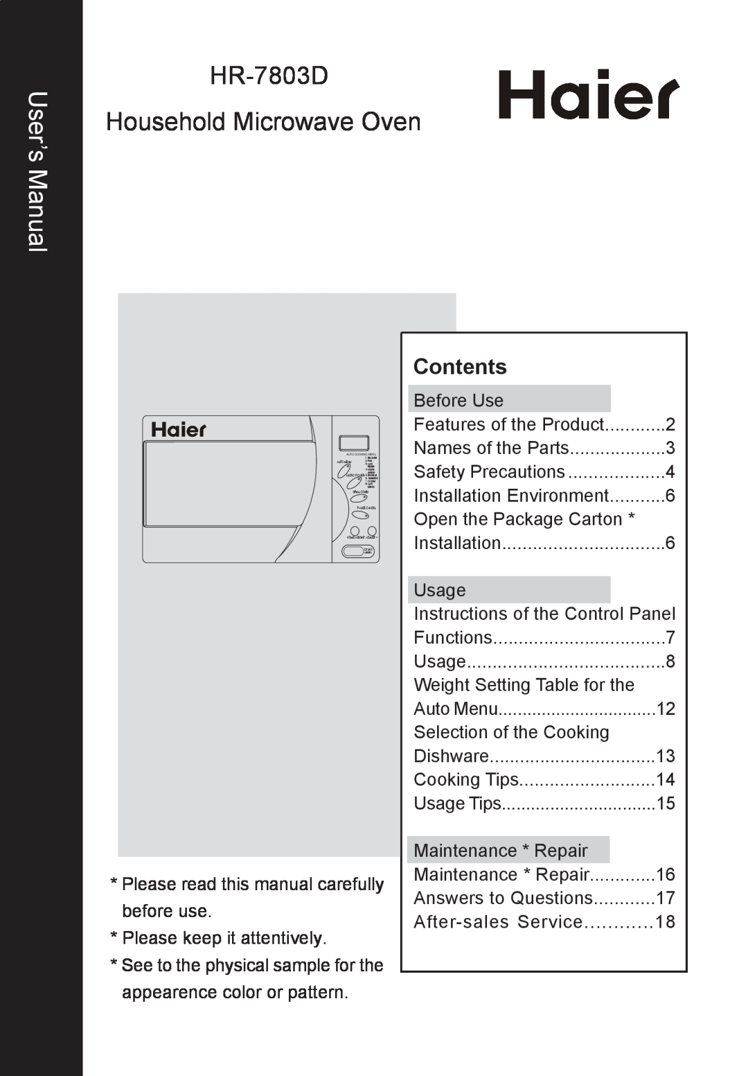 Haier user manual User’s Manual, Contents, HR-7803D Household Microwave Oven 